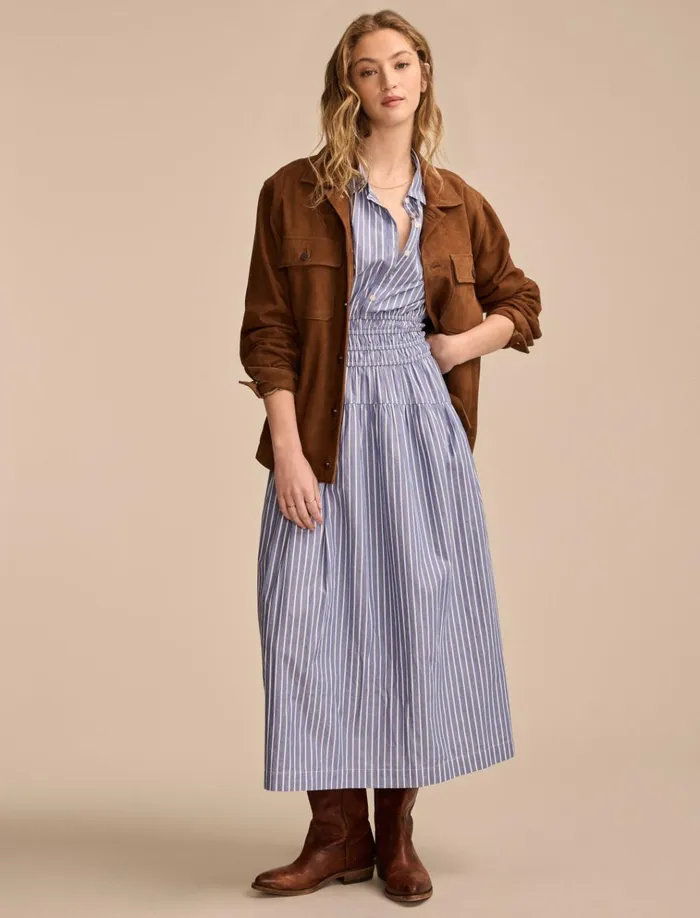 Stripe Smocked Dropped Waist Midi Dress Blue Stripe Women Lucky Brand Dresses