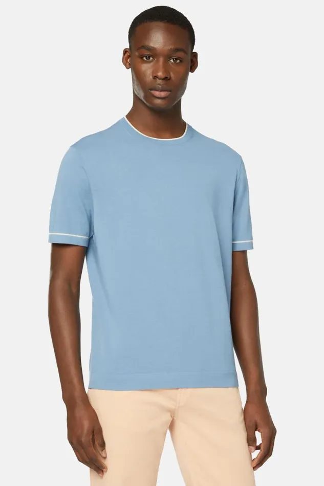 TShirts Men Boggi Milano Sky Blue Cotton Crepe Knit Tshirt Light Blu