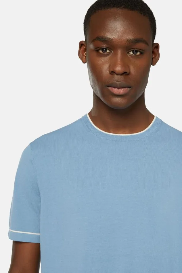 TShirts Men Boggi Milano Sky Blue Cotton Crepe Knit Tshirt Light Blu