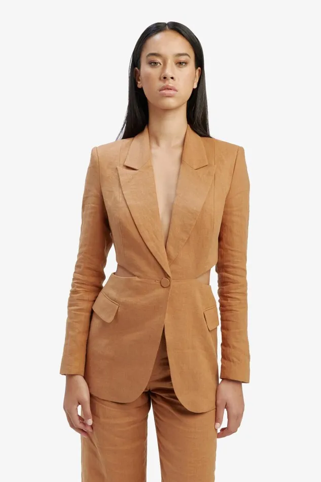Women Bardot Blazers Domenica Linen Cut Out Blazer In Camel Women Bardot Blazers Domenica Linen Cut Out Blazer In Camel