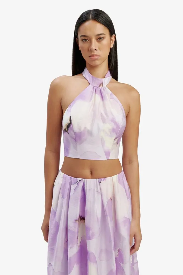 Women Bardot Party Tops Alora Halter Top In Lavender Floral Women Bardot Party Tops Alora Halter Top In Lavender Floral