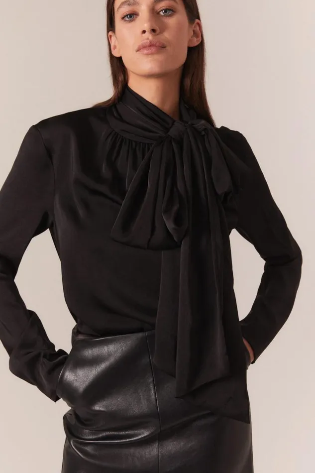 Women Bardot Party Tops Castian Satin Blouse In Black