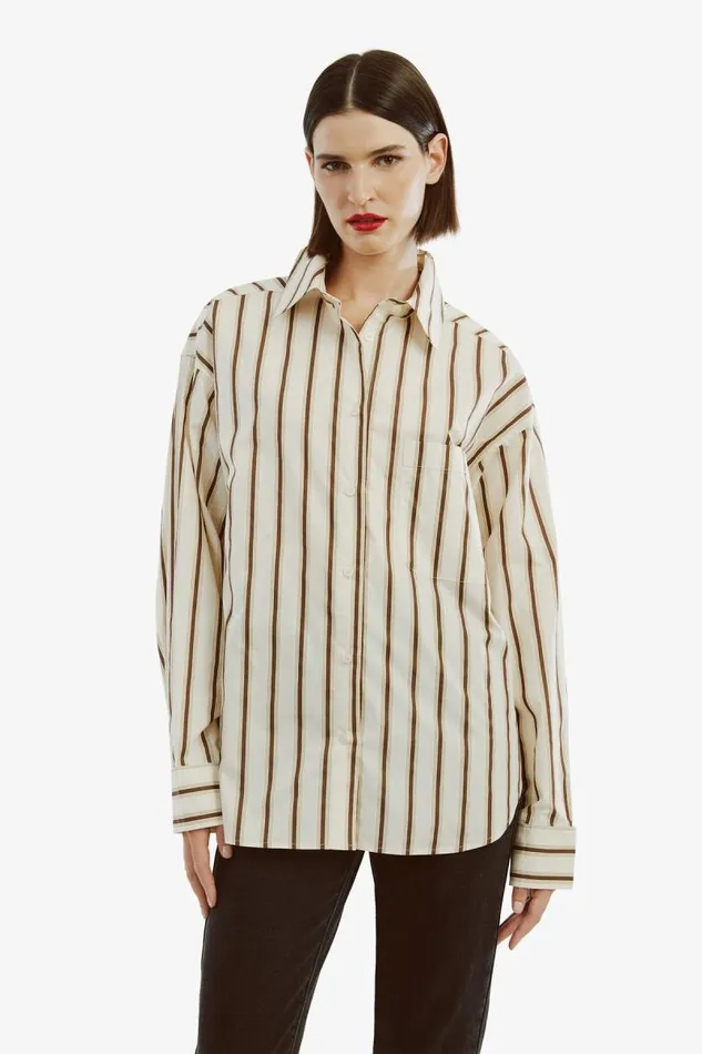 Women Bardot Shirts and Blouses Striped Oversized Shirt In Oatmeal