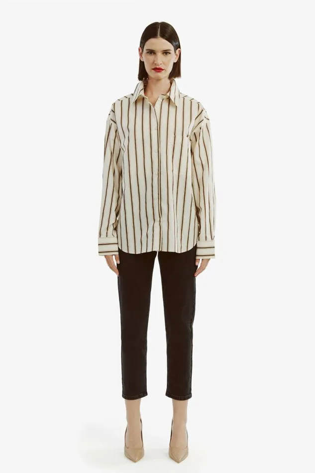 Women Bardot Shirts and Blouses Striped Oversized Shirt In Oatmeal