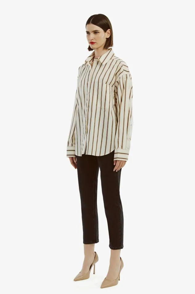 Women Bardot Shirts and Blouses Striped Oversized Shirt In Oatmeal