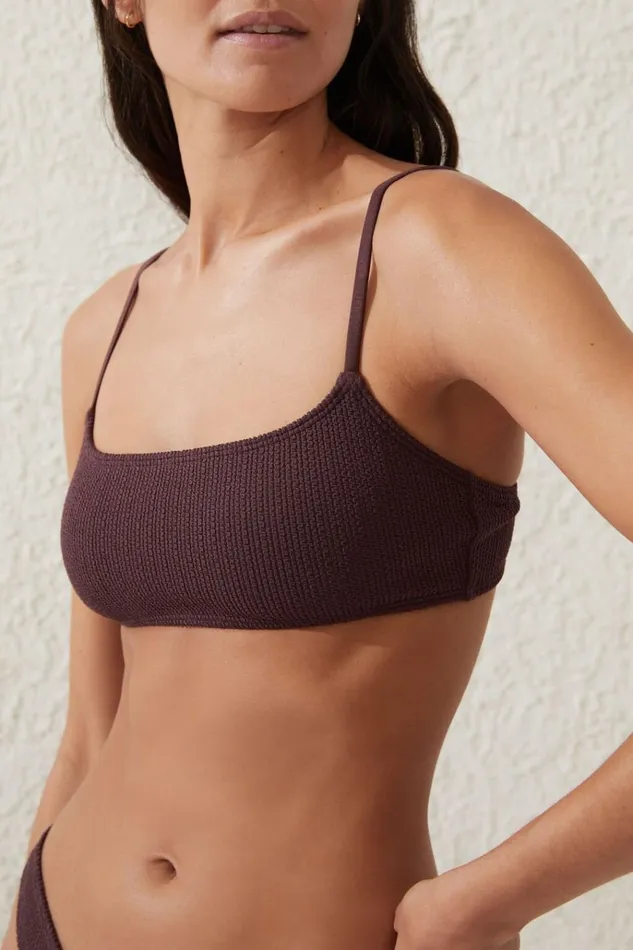 Women Bikinis Cotton On Straight Neck Crop Bikini Top Willow Brown Crinkle