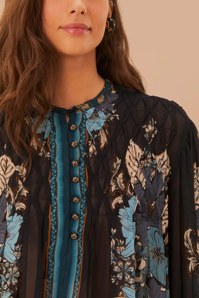 Women Blouses Farm Rio Blossom Tapestry Black Bee Smocked Blouse