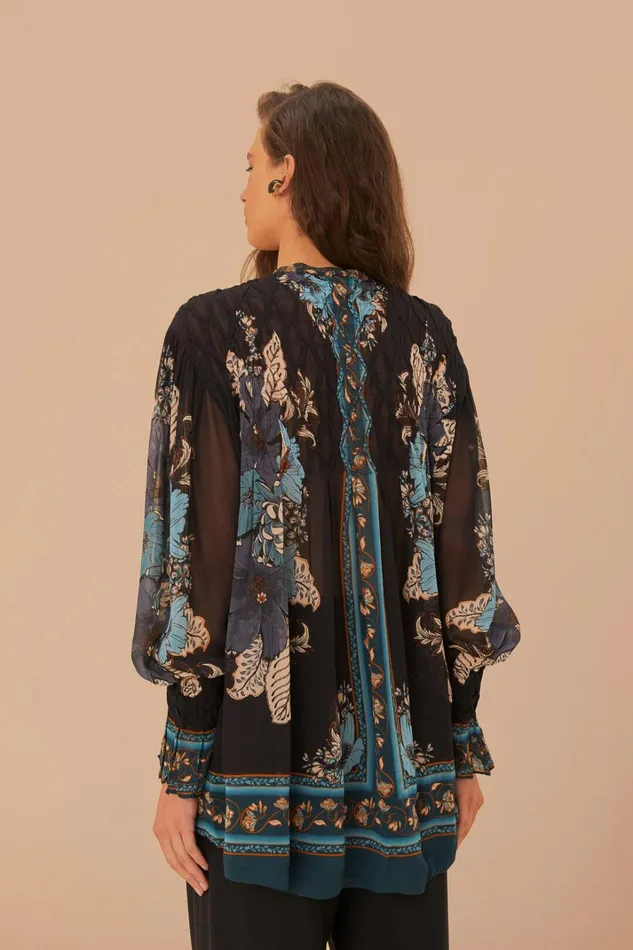 Women Blouses Farm Rio Blossom Tapestry Black Bee Smocked Blouse