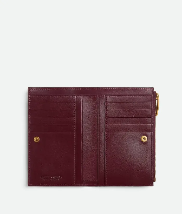 Women Bottega Veneta Long Wallets Medium Intrecciato BiFold Zip Wallet Barolo