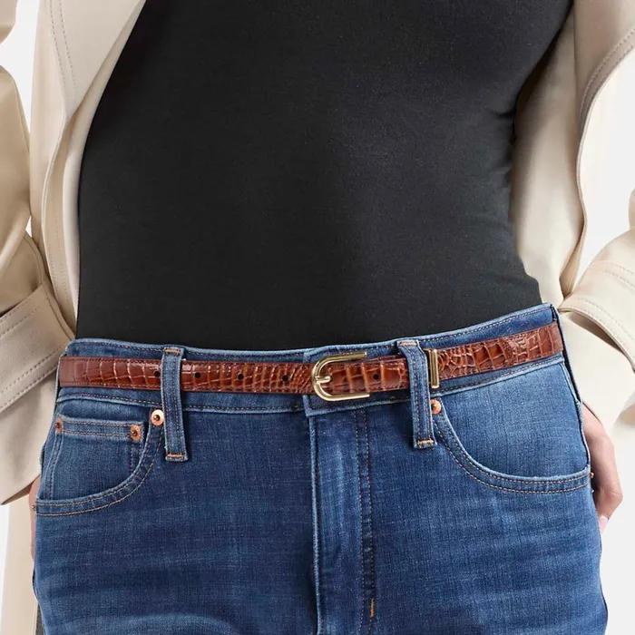 Women Brahmin Belts Skinny Leather Gold Buckle Belt Carnation Classic Croc