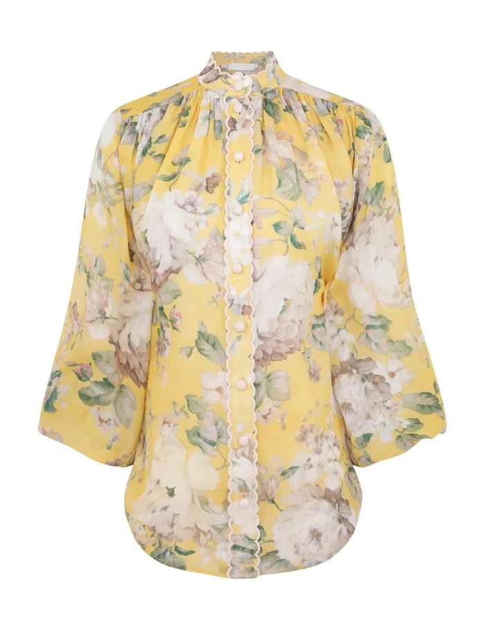 Women Clothing Zimmermann Acacia Scallop Blouse Yellow Floral
