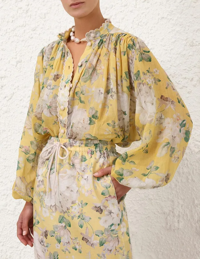 Women Clothing Zimmermann Acacia Scallop Blouse Yellow Floral
