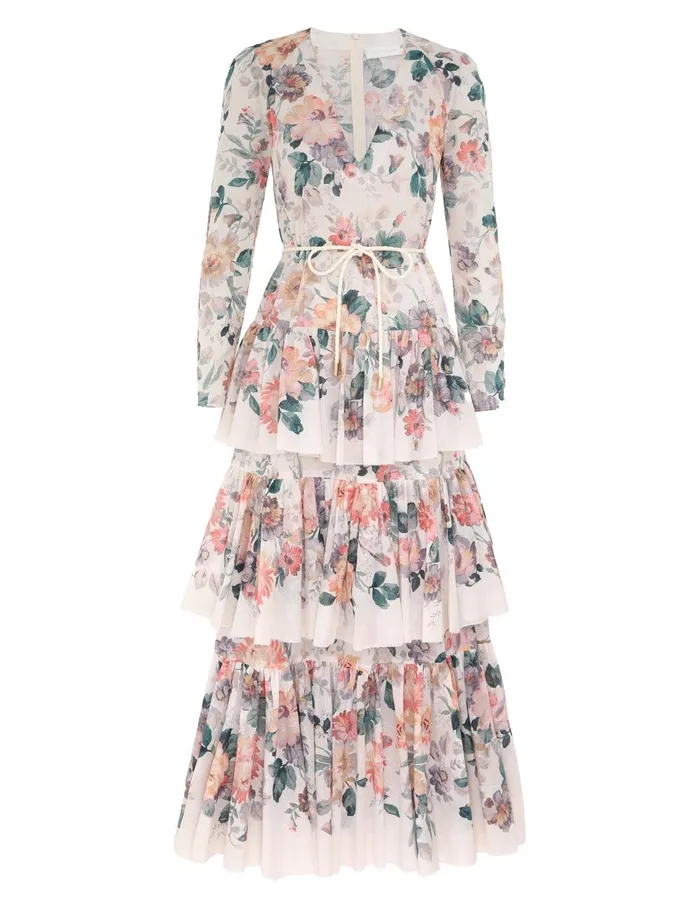 Women Clothing Zimmermann Acacia Tiered Maxi Dress Cream Multi Floral