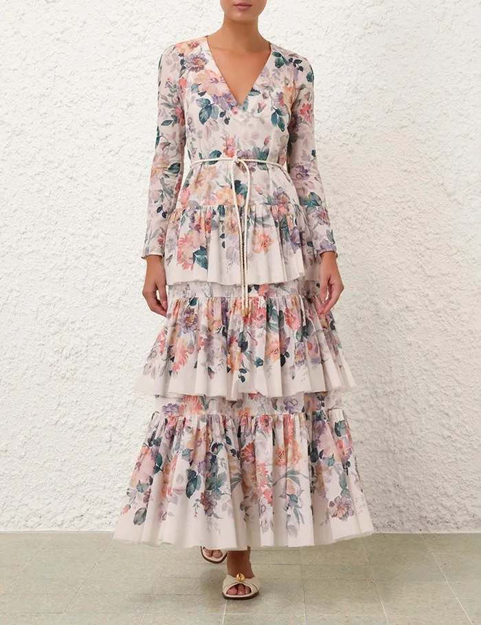 Women Clothing Zimmermann Acacia Tiered Maxi Dress Cream Multi Floral
