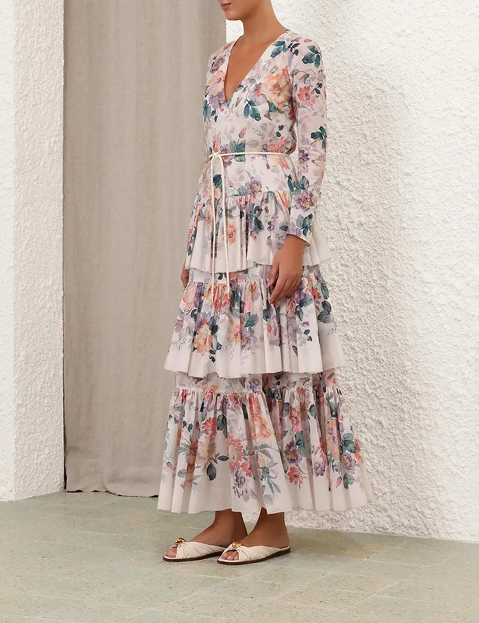 Women Clothing Zimmermann Acacia Tiered Maxi Dress Cream Multi Floral