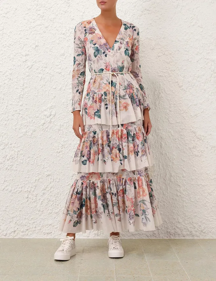 Women Clothing Zimmermann Acacia Tiered Maxi Dress Cream Multi Floral