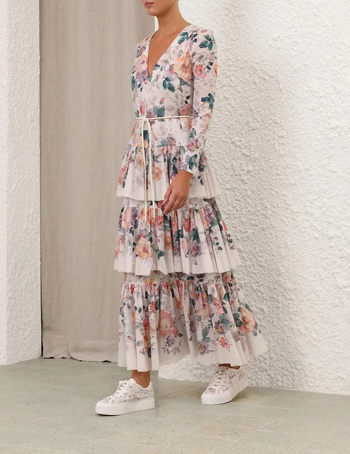 Women Clothing Zimmermann Acacia Tiered Maxi Dress Cream Multi Floral