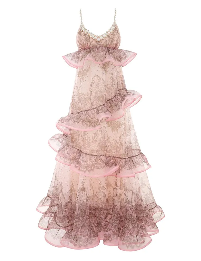 Women Clothing Zimmermann Crush Embellished Maxi Dress Pink Lace Print