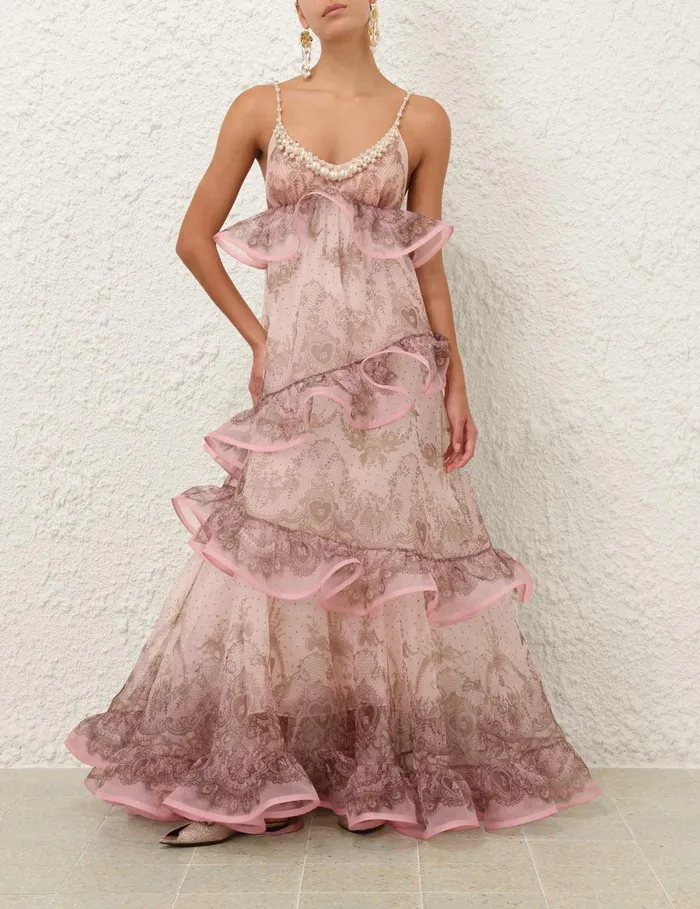 Women Clothing Zimmermann Crush Embellished Maxi Dress Pink Lace Print