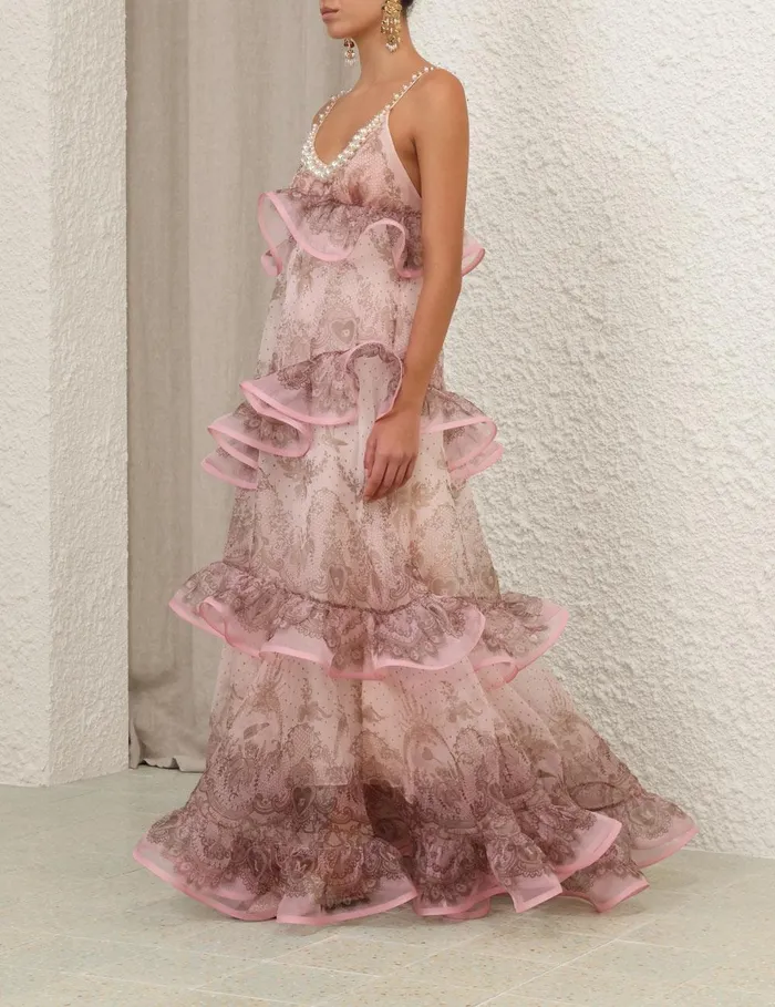 Women Clothing Zimmermann Crush Embellished Maxi Dress Pink Lace Print