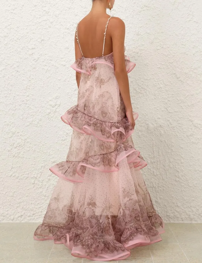 Women Clothing Zimmermann Crush Embellished Maxi Dress Pink Lace Print