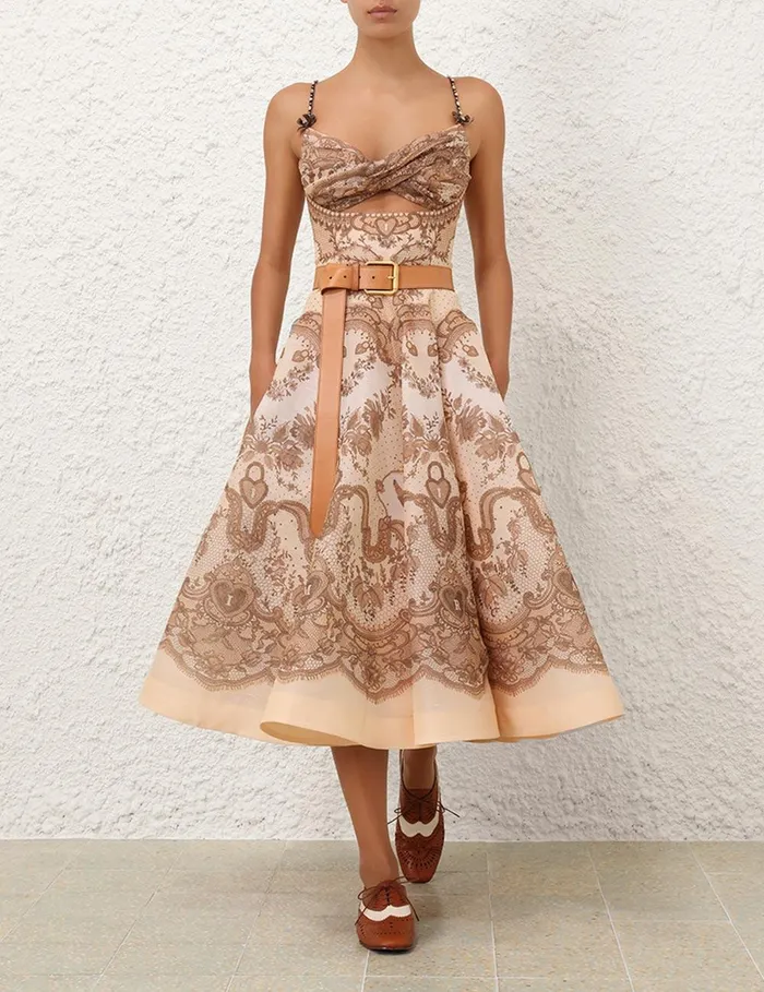 Women Clothing Zimmermann Crush Twist Front Midi Dress Peach Lace Print