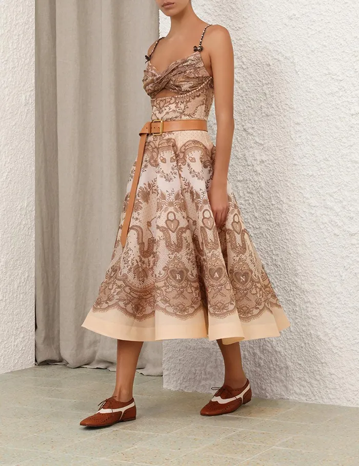 Women Clothing Zimmermann Crush Twist Front Midi Dress Peach Lace Print