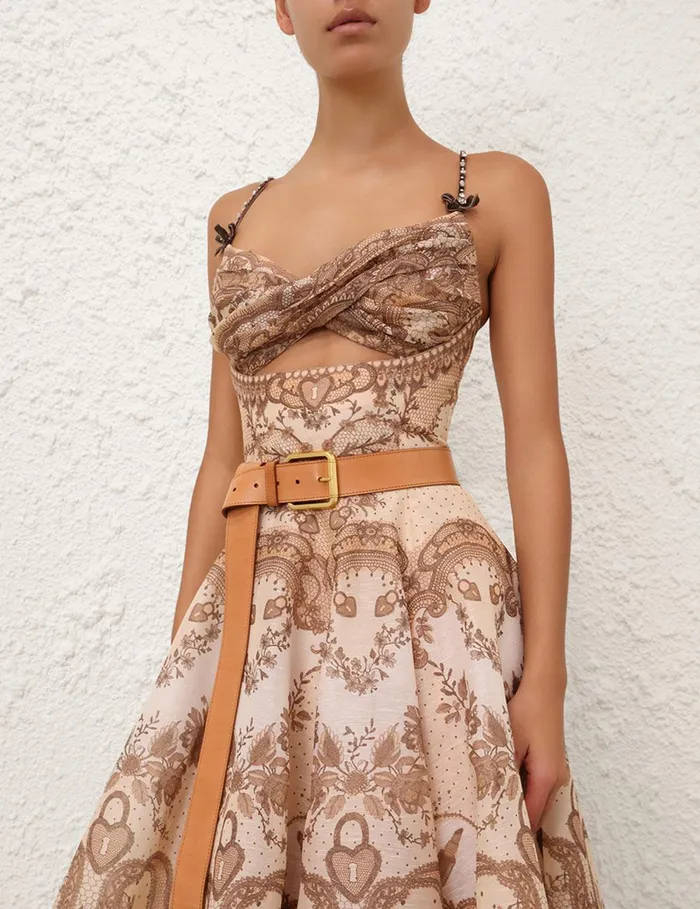 Women Clothing Zimmermann Crush Twist Front Midi Dress Peach Lace Print