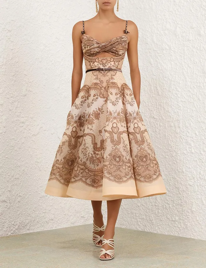 Women Clothing Zimmermann Crush Twist Front Midi Dress Peach Lace Print