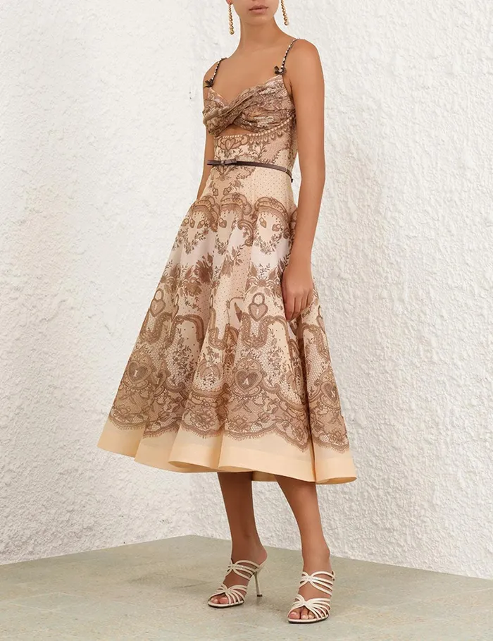 Women Clothing Zimmermann Crush Twist Front Midi Dress Peach Lace Print