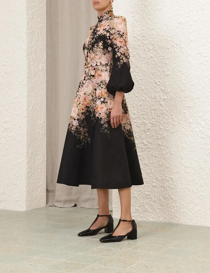 Women Clothing Zimmermann Illustration Buttoned Midi Black Rococo Floral