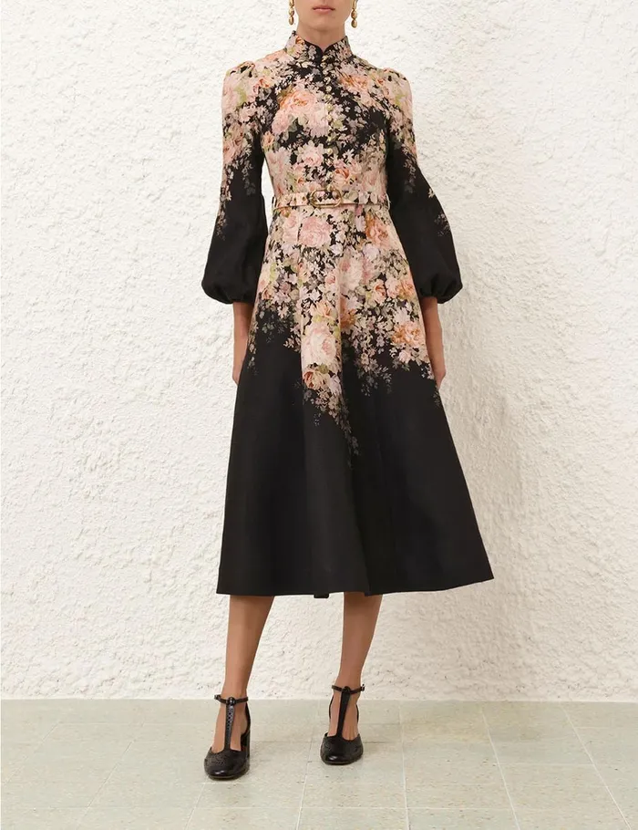 Women Clothing Zimmermann Illustration Buttoned Midi Black Rococo Floral