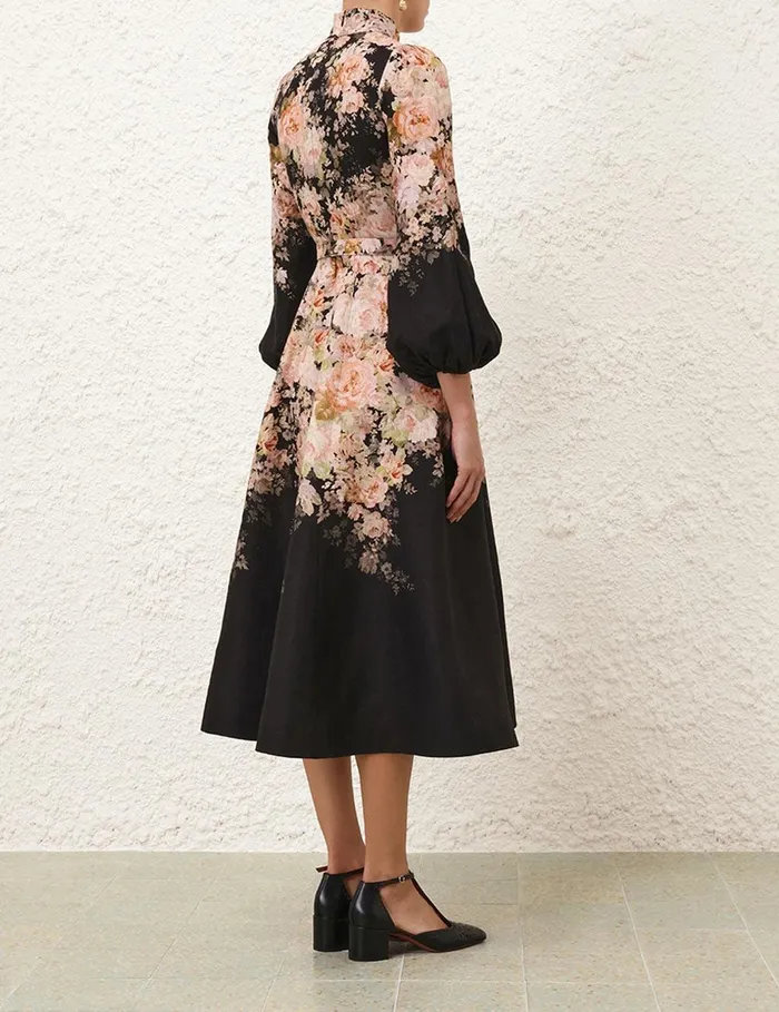 Women Clothing Zimmermann Illustration Buttoned Midi Black Rococo Floral