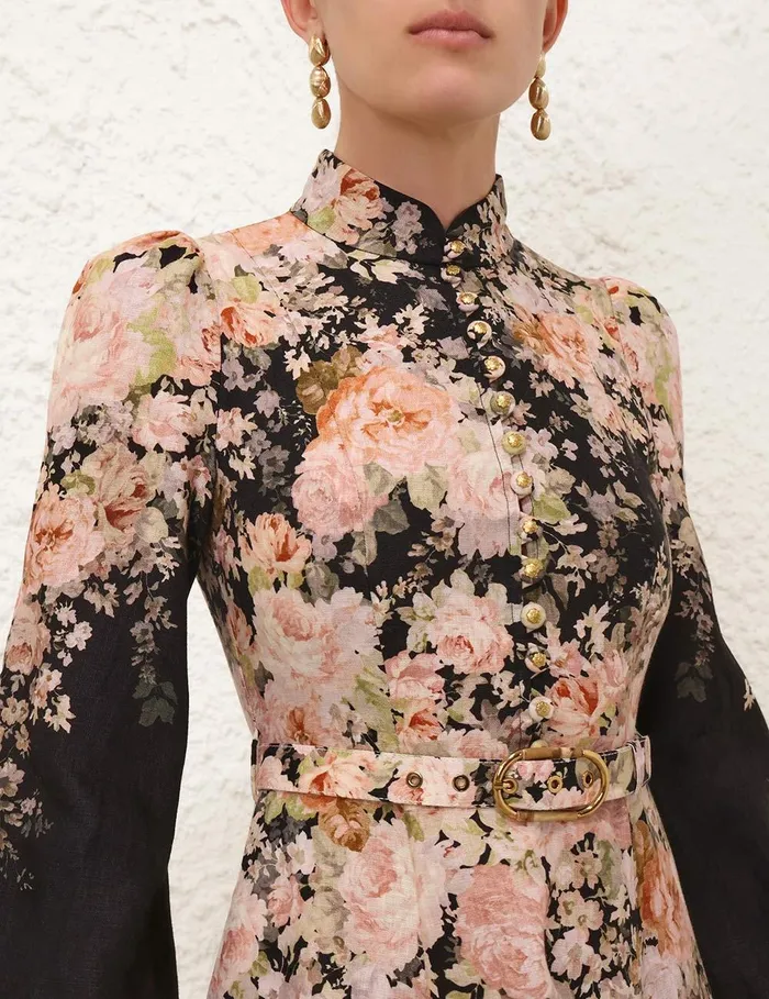Women Clothing Zimmermann Illustration Buttoned Midi Black Rococo Floral