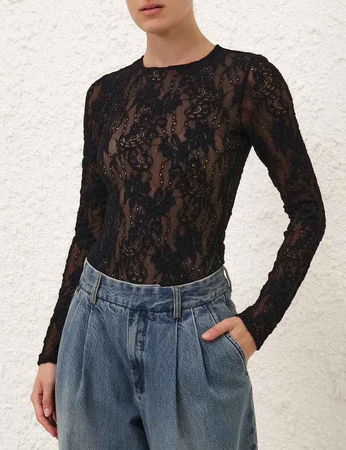 Women Clothing Zimmermann Lace Bodysuit Black