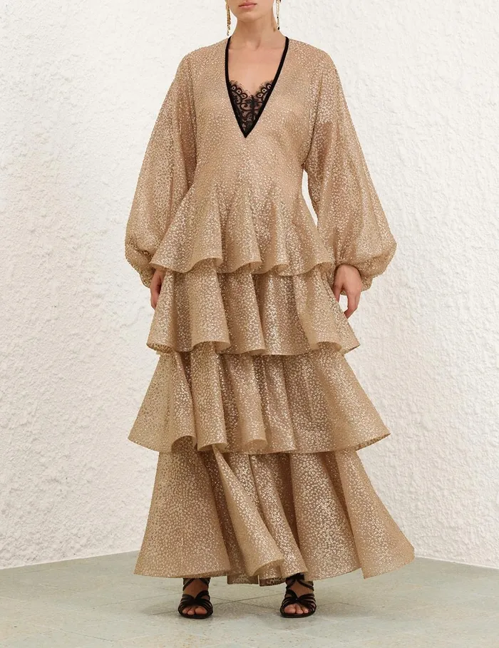 Women Clothing Zimmermann Pavilion Glitter Gown Champagne