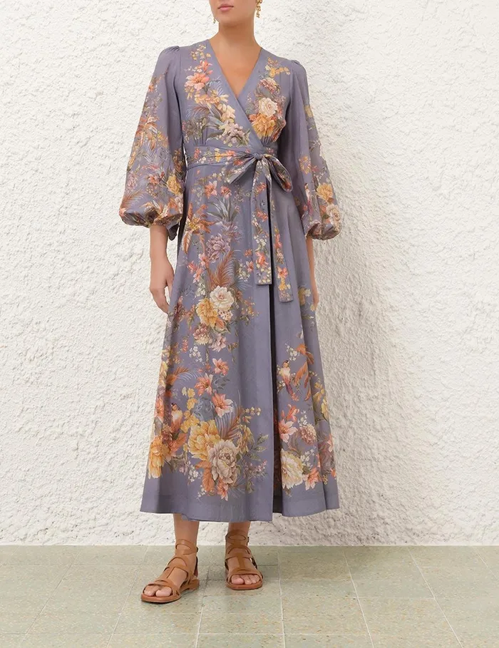 Women Clothing Zimmermann Tallow Wrap Midi Dress Teal Multi Floral