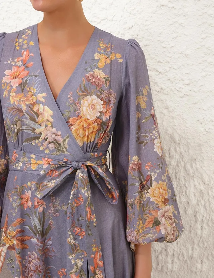 Women Clothing Zimmermann Tallow Wrap Midi Dress Teal Multi Floral