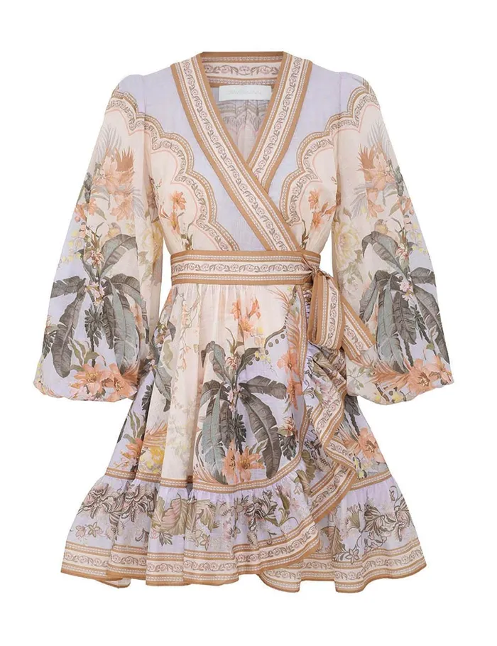 Women Clothing Zimmermann Wylie Mini Wrap Frill Dress Blue Floral