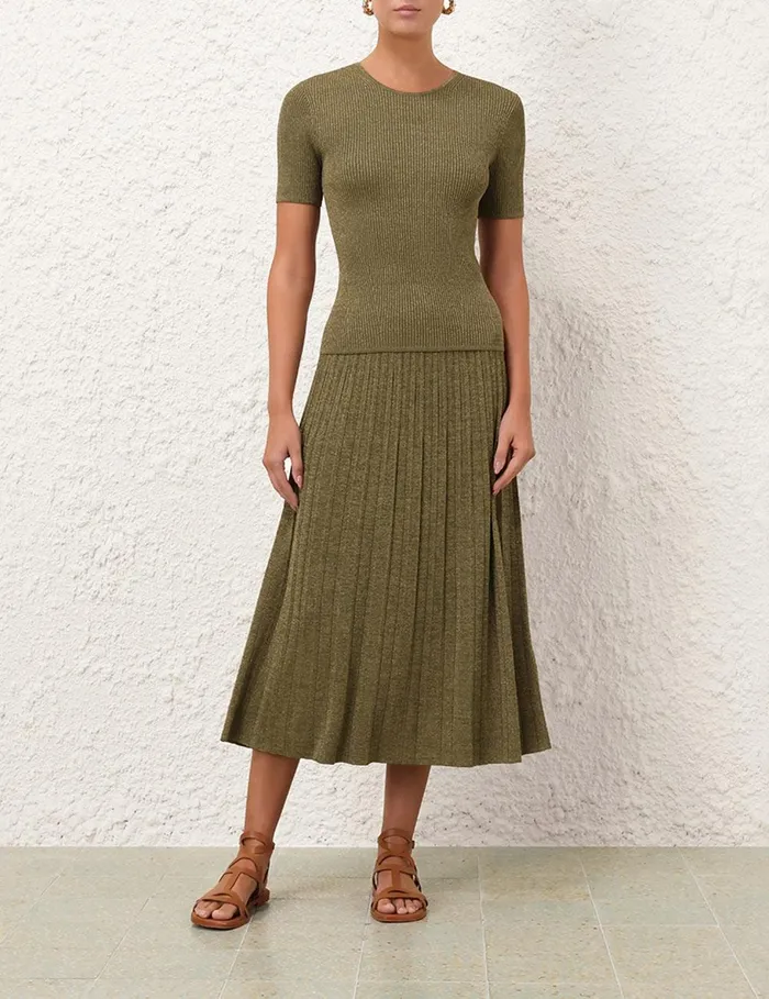 Women Clothing Zimmermann Wylie Rib Midi Skirt Dusty Olivegold