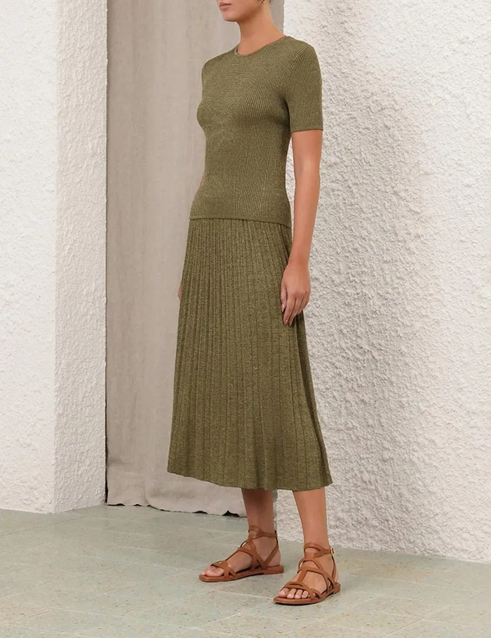 Women Clothing Zimmermann Wylie Rib Midi Skirt Dusty Olivegold