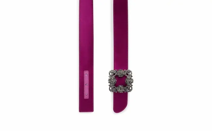 Women Dark Fuchsia Satin Crystal Buckled Belt Manolo Blahnik Belts