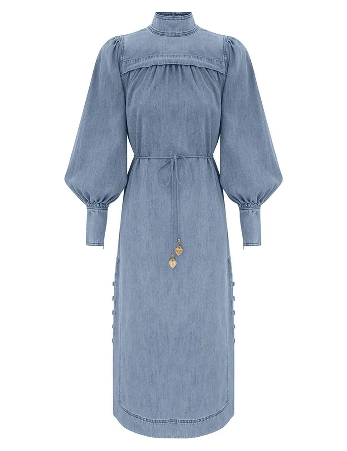Women Denim Zimmermann Crush Denim Midi Dress Blue Moon