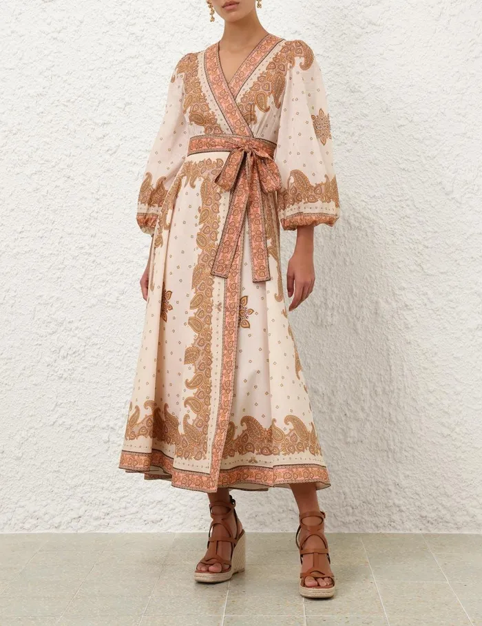 Women Dresses and Coverups Zimmermann Maxine Midi Wrap Dress Orange Paisley