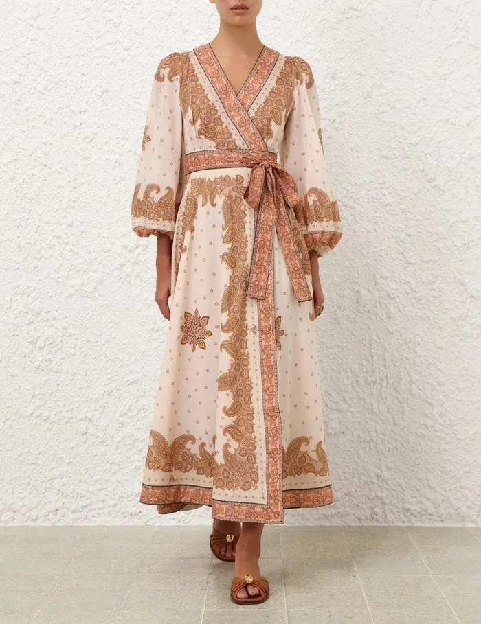 Women Dresses and Coverups Zimmermann Maxine Midi Wrap Dress Orange Paisley