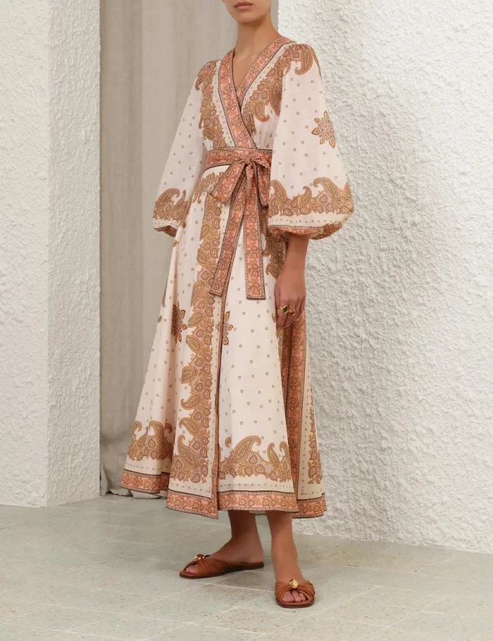 Women Dresses and Coverups Zimmermann Maxine Midi Wrap Dress Orange Paisley