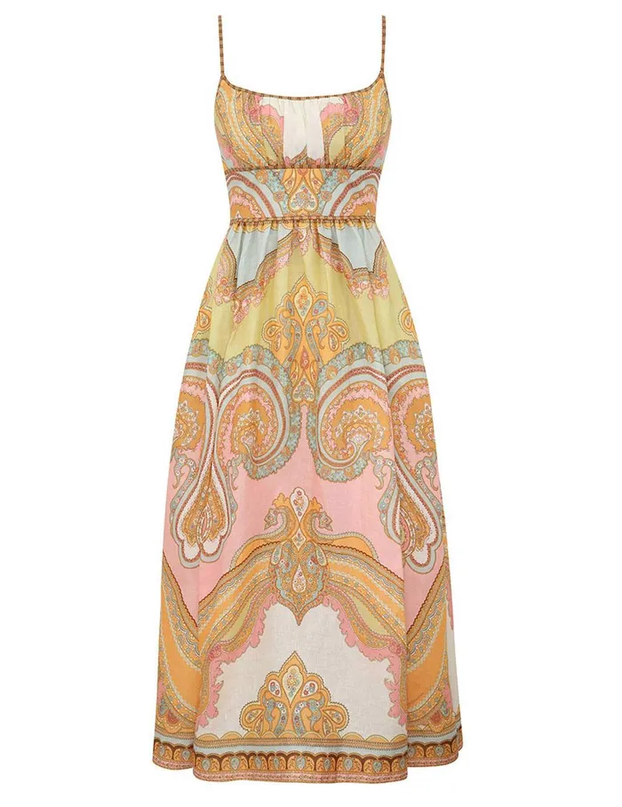 Women Dresses and Coverups Zimmermann Maxine Picnic Midi Dress Gold Paisley