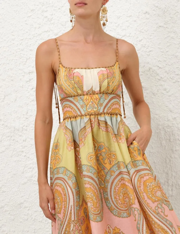 Women Dresses and Coverups Zimmermann Maxine Picnic Midi Dress Gold Paisley