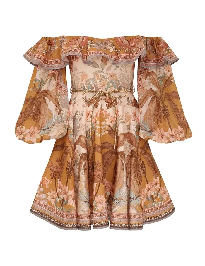 Women Dresses and Coverups Zimmermann Wylie OffShoulder Mini Dress Mustard Floral