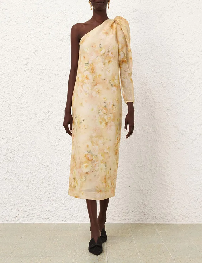 Women Dresses Zimmermann Crush Asymmetrical Midi Dress Yellow Floral